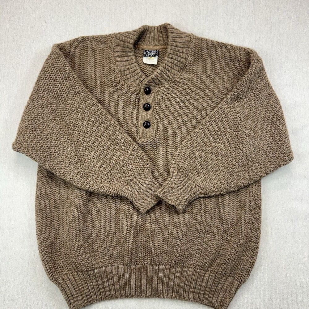Vintage Knights Alpaca Sweater Mens M Brown Henley Pullover Made New Zealand